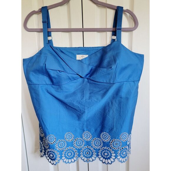 Ann Taylor Loft 16 Eyelet Embroidered‎ Cropped Tank Large Blue Slvless Side Zip - Picture 1 of 8